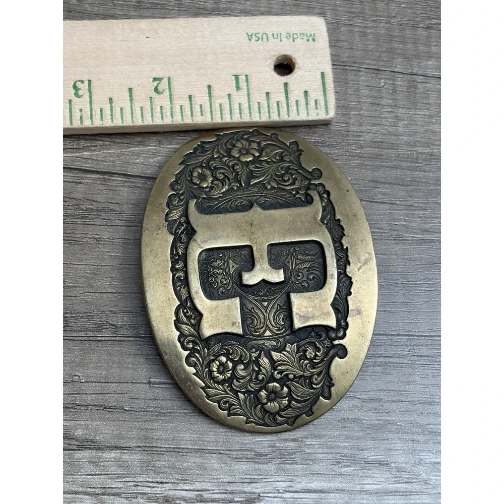 Vintage 1970's Belt Buckle Award Design Medals Letter E Logo Solid Brass